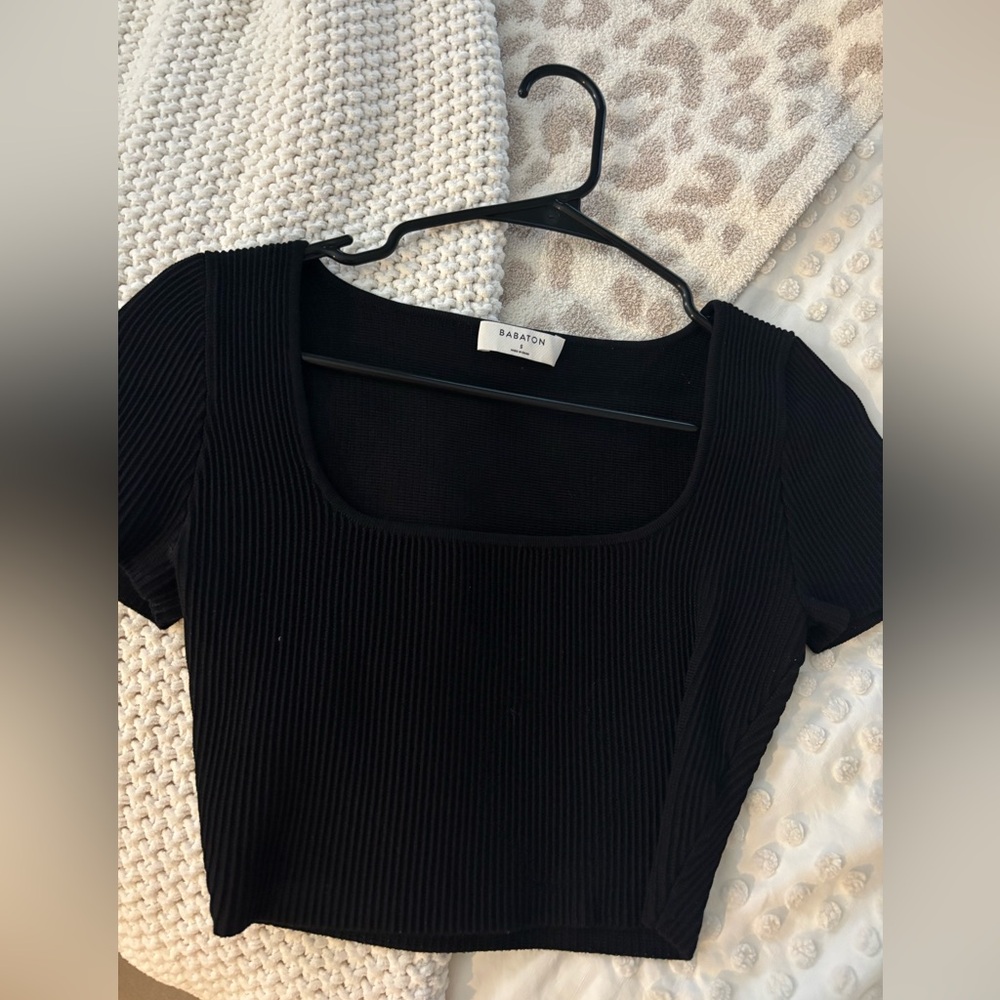 Aritzia Babaton Black Ribbed Square Neck Short Sleeve Tee